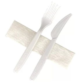   I. 2+1 szett kés-villa-szalvéta ÚJRAHASZNÁLHATÓ fehér 250db 