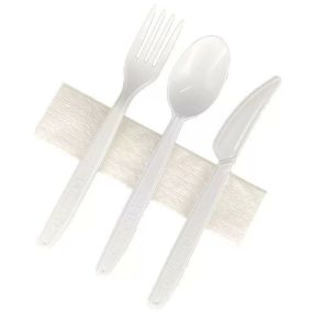   I. 3+1 szett kanál, kés, villa, szalvéta csomagolvány fehér 250db/cs